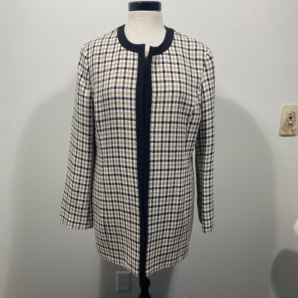 Kasper Blazer Women's 14 Houndstooth Collarless Open Front Jacket Old Money